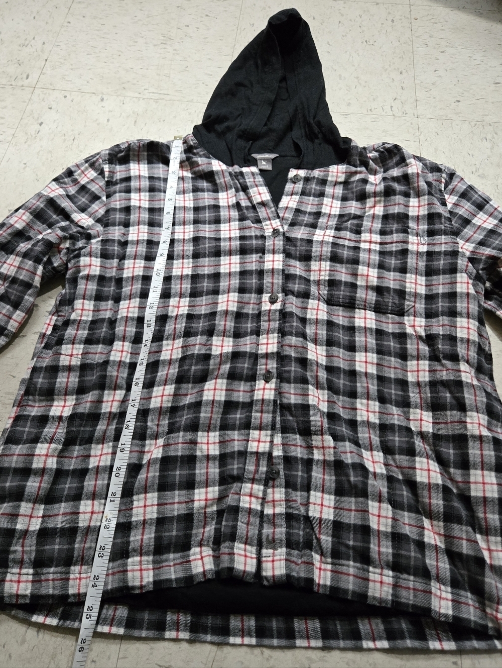 Eddie Bauer Black Hooded Plaid Shirt Jacket with Red Trim - Picture 8 of 9